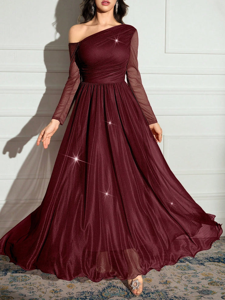 Modelyn Women's Solid Color Asymmetrical Neck Sparkly Glamorous Elegant Dress.