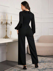 Modelyn Women's Solid Color Peter Pan Collar Pleated Lantern Sleeve Wide Leg Elegant Jumpsuit