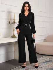 Modelyn Women's Solid Color Peter Pan Collar Pleated Lantern Sleeve Wide Leg Elegant Jumpsuit