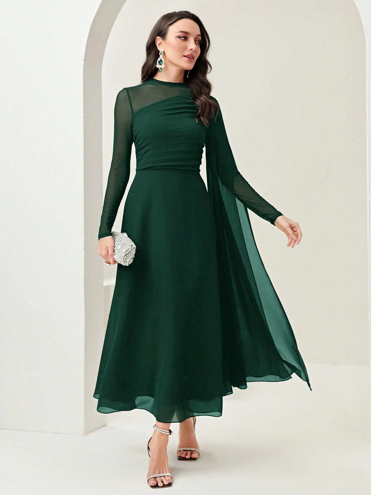 Modelyn Burgundy Red Contrast Mesh Ruched Dress With Sleeves Dress Long Evening Dresses