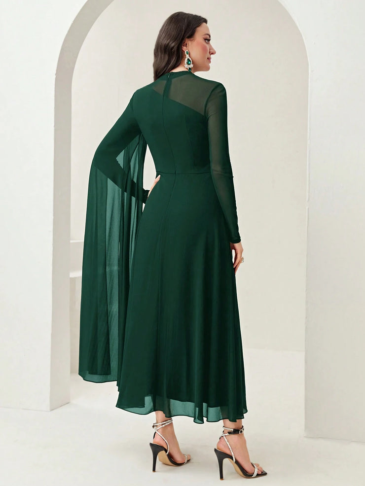 Modelyn Burgundy Red Contrast Mesh Ruched Dress With Sleeves Dress Long Evening Dresses