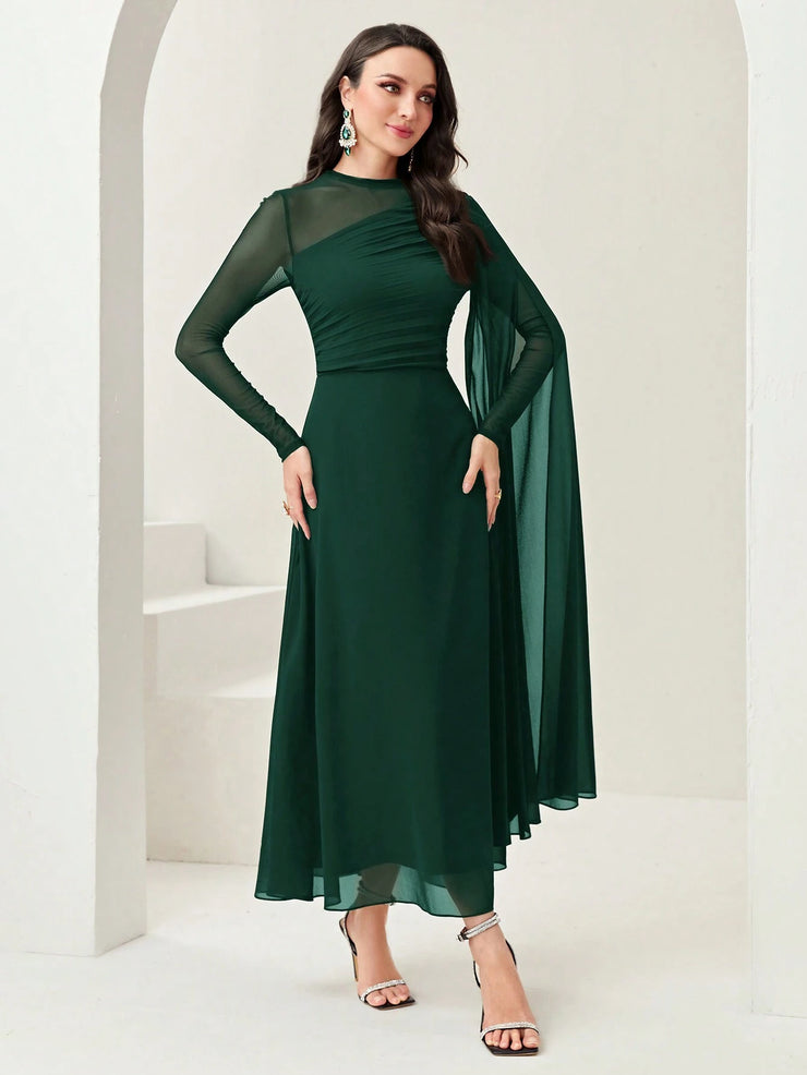 Modelyn Burgundy Red Contrast Mesh Ruched Dress With Sleeves Dress Long Evening Dresses