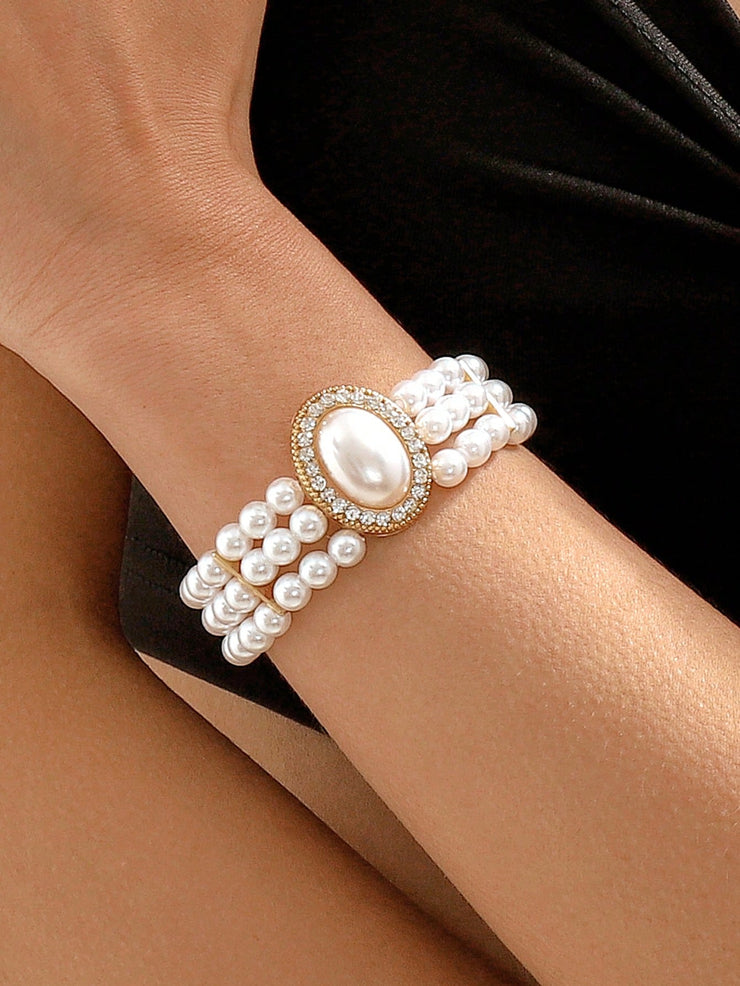 Mydear 1pc Elegant Faux Pearl & Alloy & Cubic Zirconia Decor Chain Bracelet