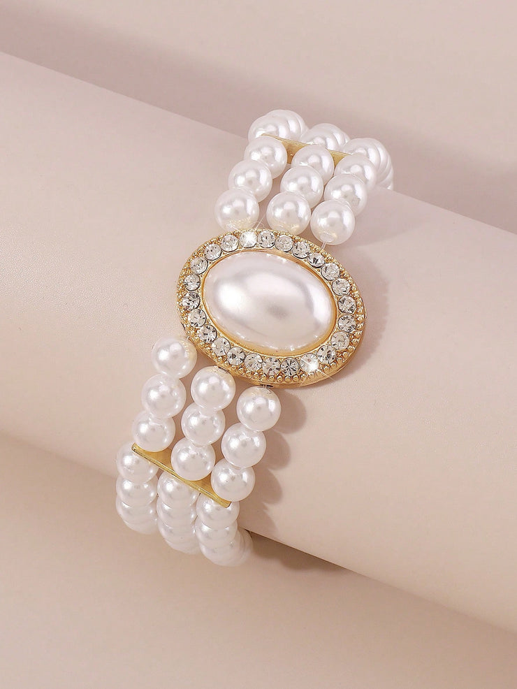 Mydear 1pc Elegant Faux Pearl & Alloy & Cubic Zirconia Decor Chain Bracelet