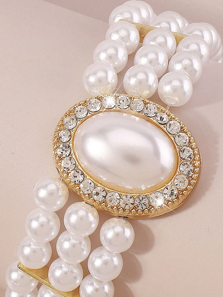 Mydear 1pc Elegant Faux Pearl & Alloy & Cubic Zirconia Decor Chain Bracelet