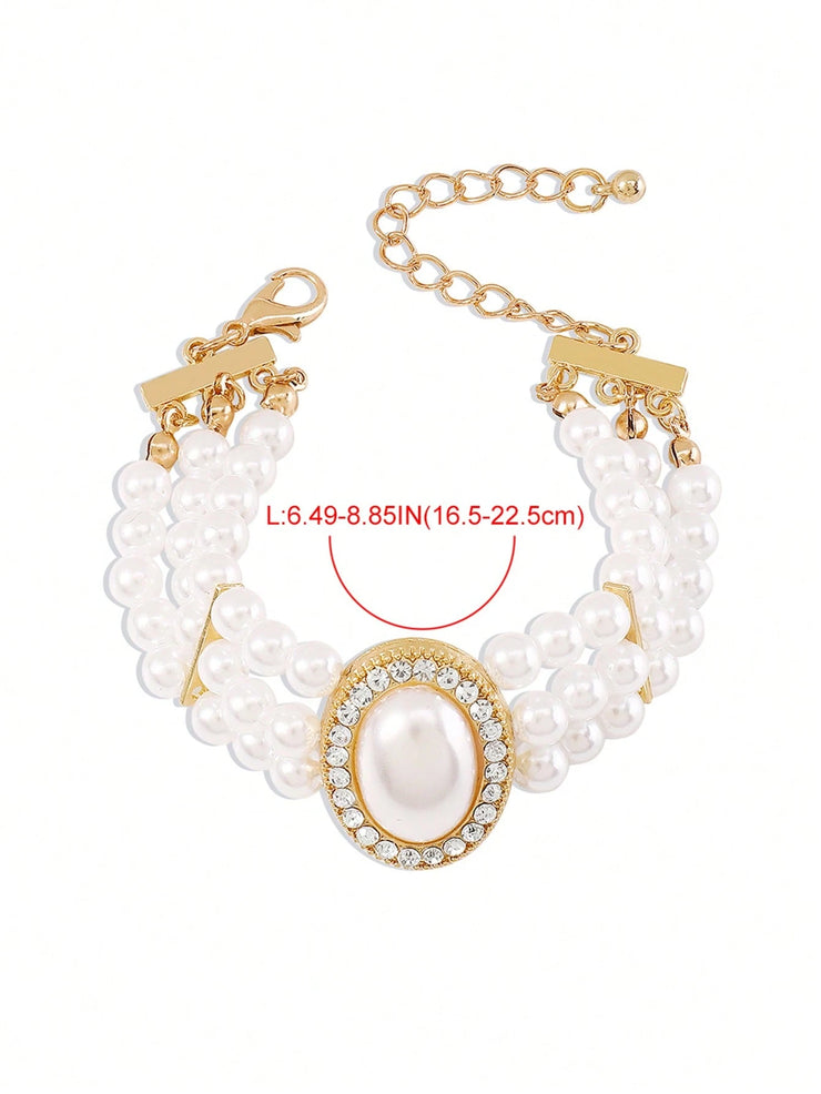 Mydear 1pc Elegant Faux Pearl & Alloy & Cubic Zirconia Decor Chain Bracelet