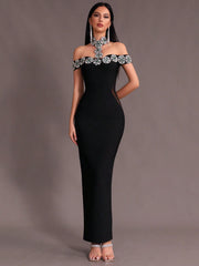 New Arrival Women Black Strapless Sexy Embellished Diamond Bodycon Long Bandage Dress