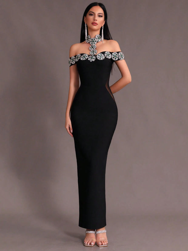 New Arrival Women Black Strapless Sexy Embellished Diamond Bodycon Long Bandage Dress
