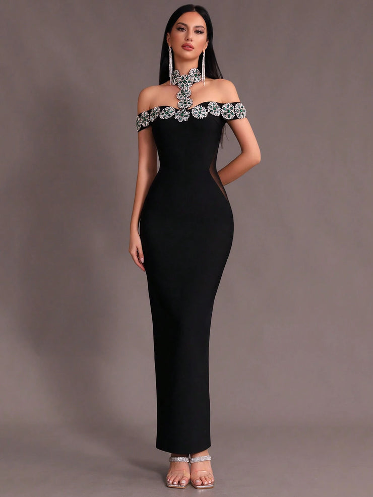 New Arrival Women Black Strapless Sexy Embellished Diamond Bodycon Long Bandage Dress