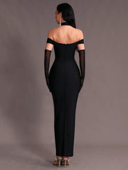 New Arrival Women Black Strapless Sexy Embellished Diamond Bodycon Long Bandage Dress