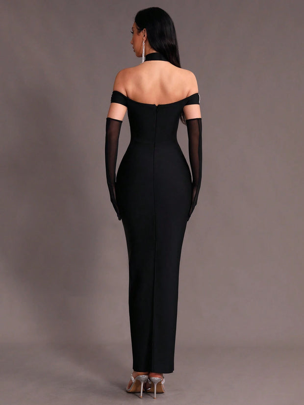 New Arrival Women Black Strapless Sexy Embellished Diamond Bodycon Long Bandage Dress