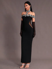 New Arrival Women Black Strapless Sexy Embellished Diamond Bodycon Long Bandage Dress