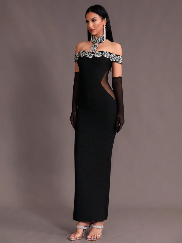 New Arrival Women Black Strapless Sexy Embellished Diamond Bodycon Long Bandage Dress