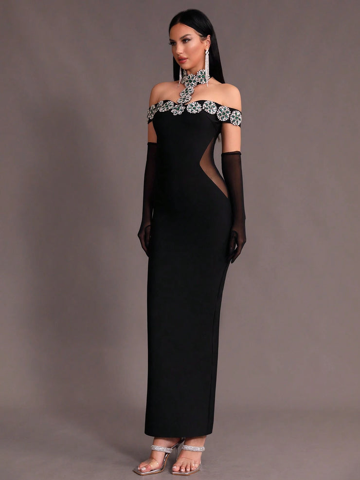 New Arrival Women Black Strapless Sexy Embellished Diamond Bodycon Long Bandage Dress