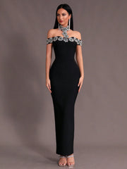 New Arrival Women Black Strapless Sexy Embellished Diamond Bodycon Long Bandage Dress