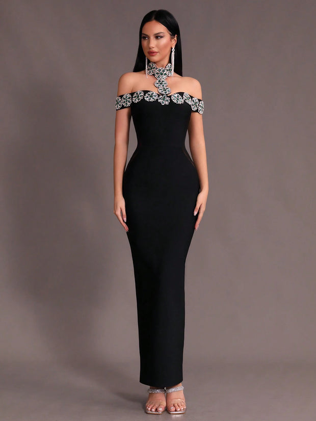 New Arrival Women Black Strapless Sexy Embellished Diamond Bodycon Long Bandage Dress