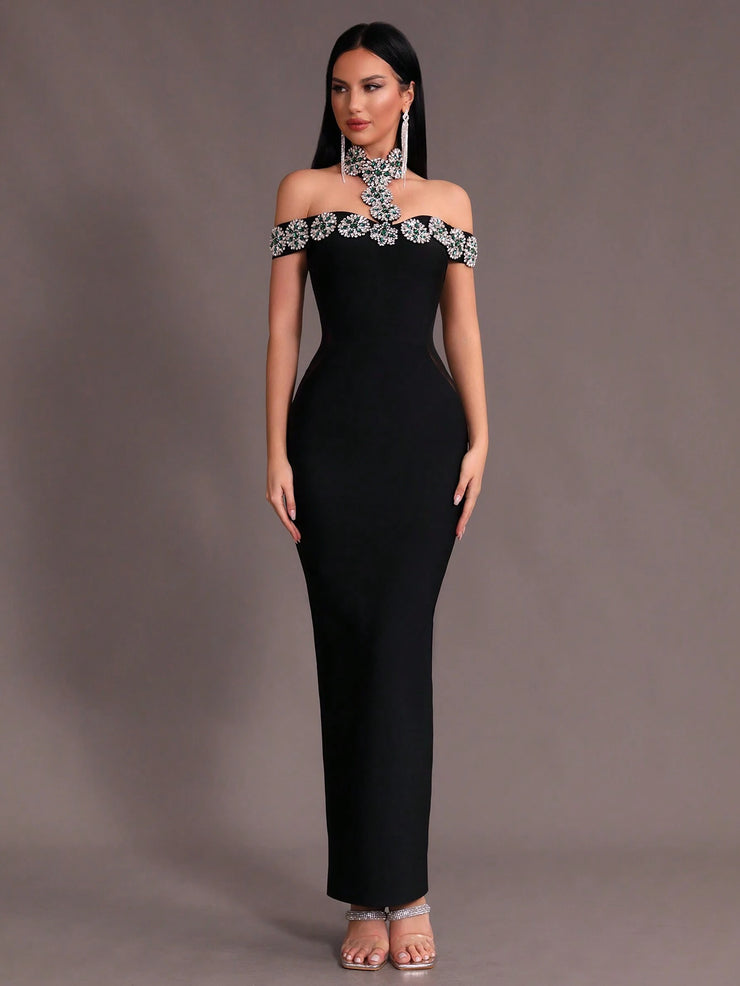 New Arrival Women Black Strapless Sexy Embellished Diamond Bodycon Long Bandage Dress