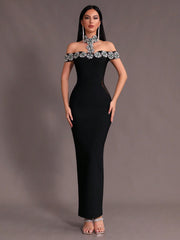 New Arrival Women Black Strapless Sexy Embellished Diamond Bodycon Long Bandage Dress