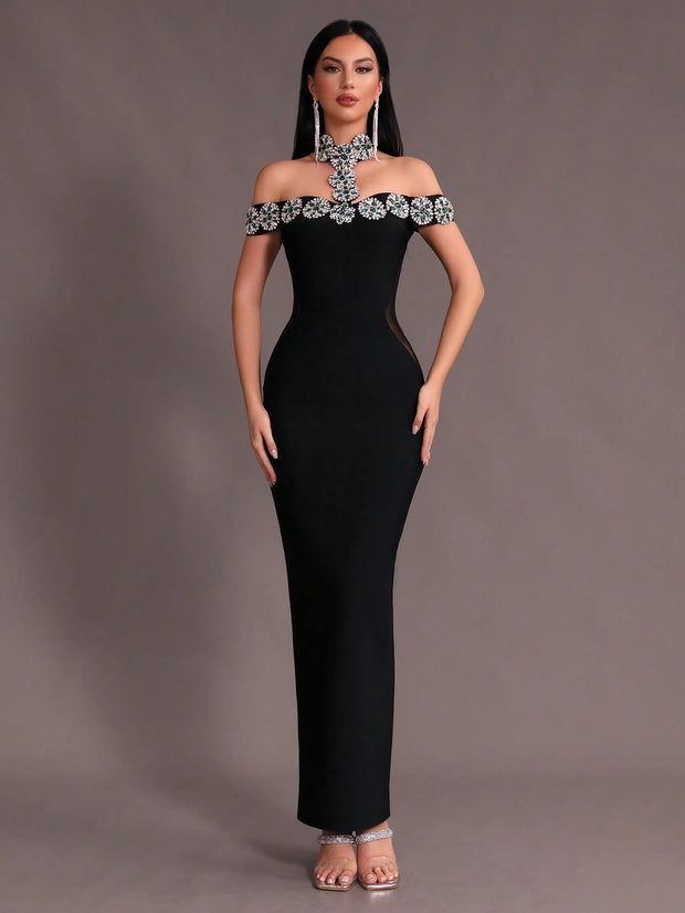 New Arrival Women Black Strapless Sexy Embellished Diamond Bodycon Long Bandage Dress