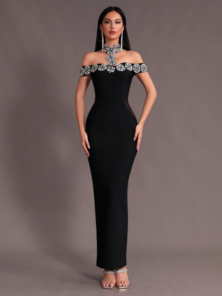 New Arrival Women Black Strapless Sexy Embellished Diamond Bodycon Long Bandage Dress