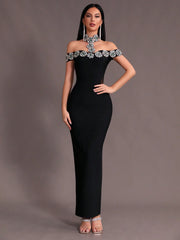 New Arrival Women Black Strapless Sexy Embellished Diamond Bodycon Long Bandage Dress