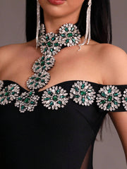 New Arrival Women Black Strapless Sexy Embellished Diamond Bodycon Long Bandage Dress