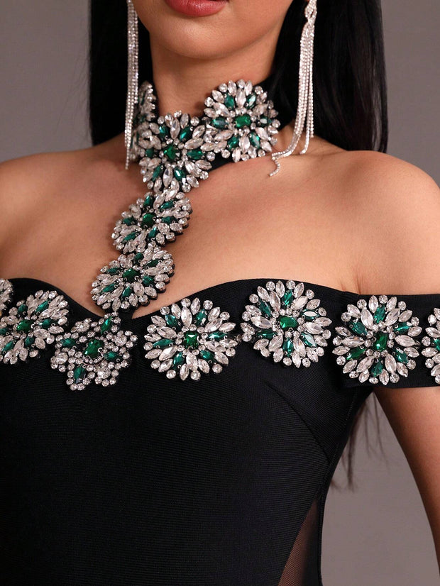 New Arrival Women Black Strapless Sexy Embellished Diamond Bodycon Long Bandage Dress