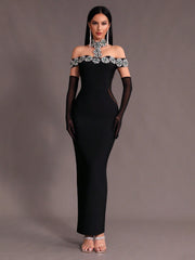 New Arrival Women Black Strapless Sexy Embellished Diamond Bodycon Long Bandage Dress