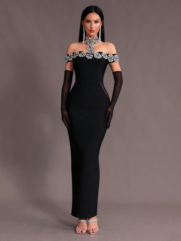 New Arrival Women Black Strapless Sexy Embellished Diamond Bodycon Long Bandage Dress