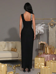 New Sexy Sleeveless Rhinestone Decoration Hollow High Slit Slim Dress