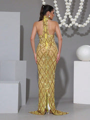 New Long Dress Luxurious Sparkling Crystal Diamond See Through Mesh Long Dress Fashionable Small Stand Collar Sleeveless Tight Long Dress