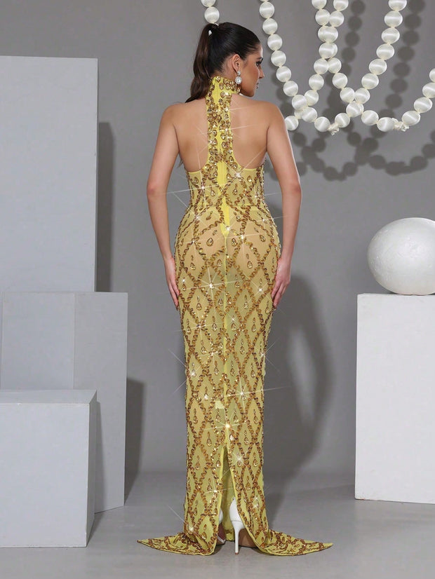 New Long Dress Luxurious Sparkling Crystal Diamond See Through Mesh Long Dress Fashionable Small Stand Collar Sleeveless Tight Long Dress