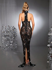 New Long Dress Luxurious Sparkling Crystal Diamond See Through Mesh Long Dress Fashionable Small Stand Collar Sleeveless Tight Long Dress