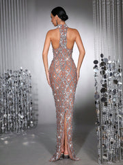 New Long Dress Luxurious Sparkling Crystal Diamond See Through Mesh Long Dress Fashionable Small Stand Collar Sleeveless Tight Long Dress