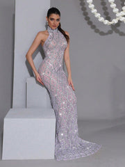 New Long Dress Luxurious Sparkling Crystal Diamond See Through Mesh Long Dress Fashionable Small Stand Collar Sleeveless Tight Long Dress