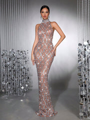 New Long Dress Luxurious Sparkling Crystal Diamond See Through Mesh Long Dress Fashionable Small Stand Collar Sleeveless Tight Long Dress