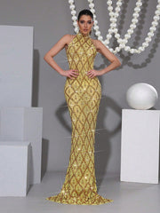 New Long Dress Luxurious Sparkling Crystal Diamond See Through Mesh Long Dress Fashionable Small Stand Collar Sleeveless Tight Long Dress