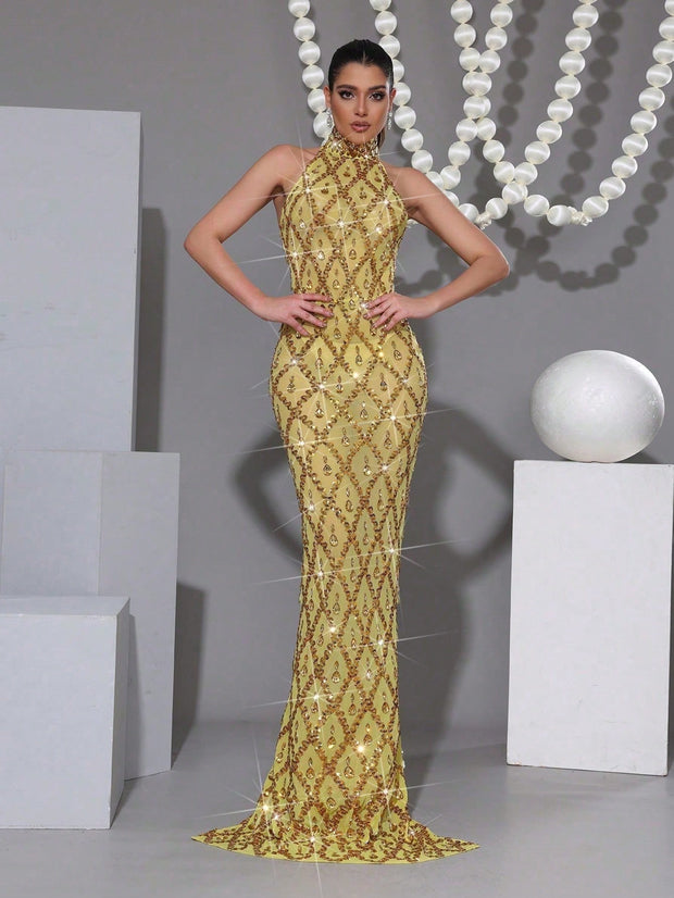 New Long Dress Luxurious Sparkling Crystal Diamond See Through Mesh Long Dress Fashionable Small Stand Collar Sleeveless Tight Long Dress
