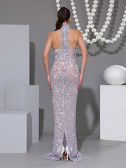 New Long Dress Luxurious Sparkling Crystal Diamond See Through Mesh Long Dress Fashionable Small Stand Collar Sleeveless Tight Long Dress