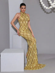 New Long Dress Luxurious Sparkling Crystal Diamond See Through Mesh Long Dress Fashionable Small Stand Collar Sleeveless Tight Long Dress