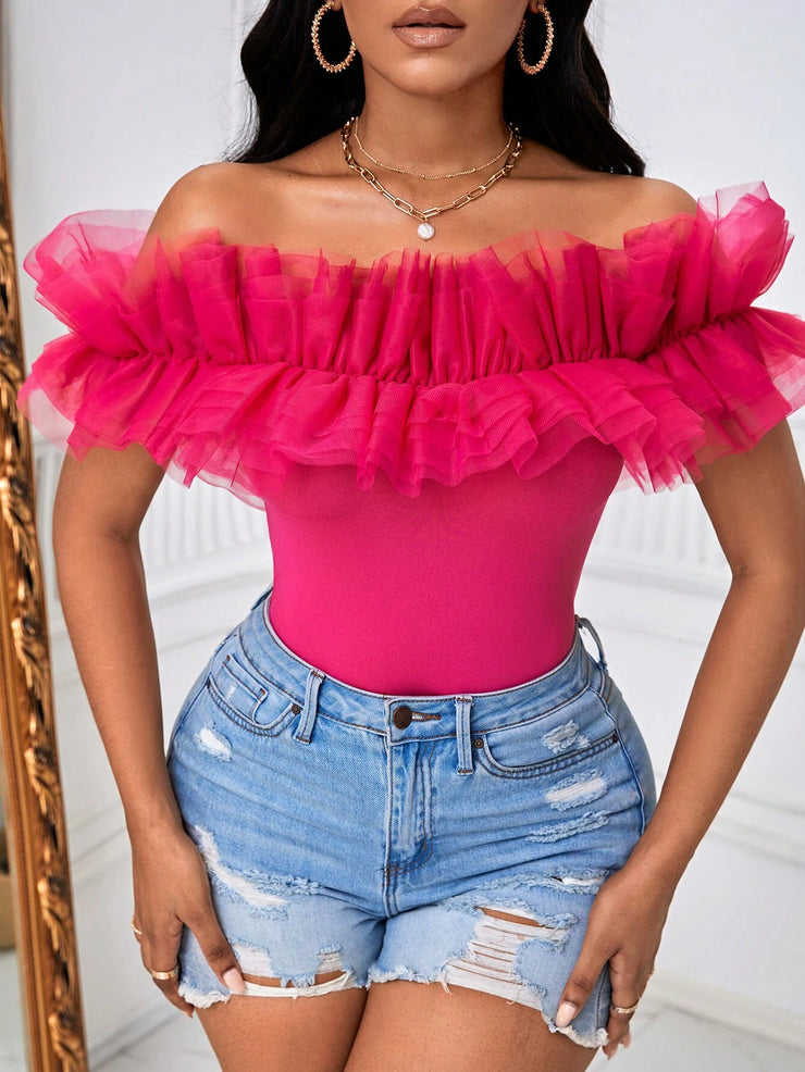 BAE Exaggerate Layered Mesh Ruffle Trim Bardot Top - Hues