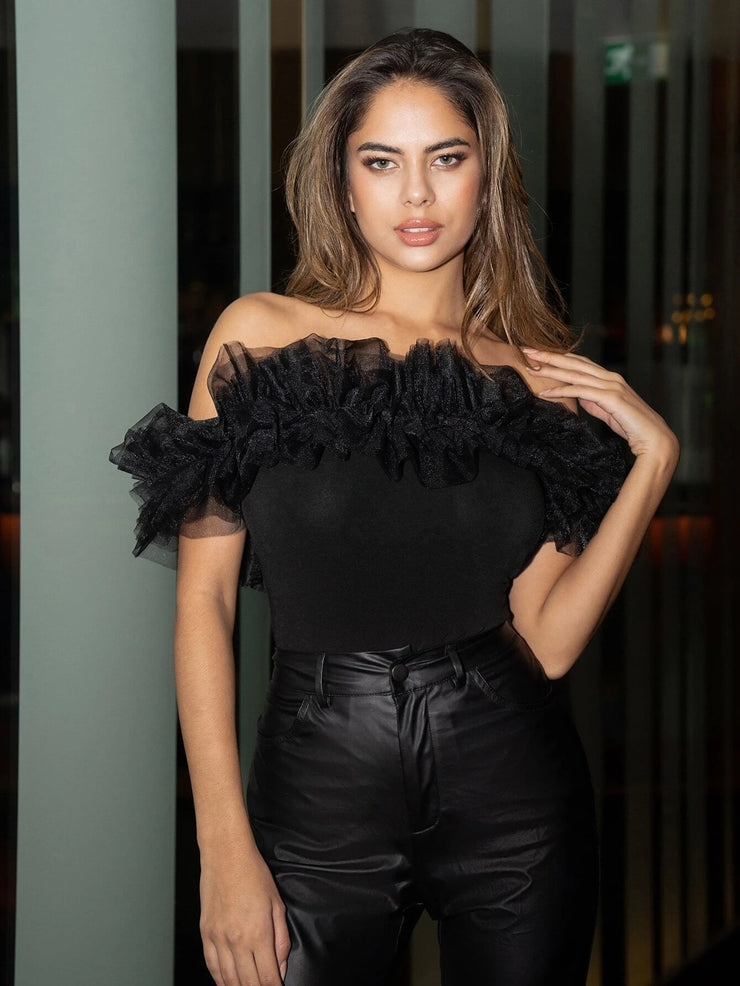 BAE Exaggerate Layered Mesh Ruffle Trim Bardot Top - Hues