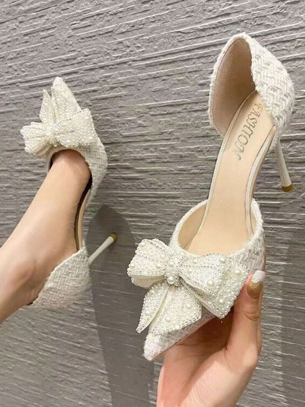 Women's Fashion Outdoor High Heels With Bowknot & Imitation Pearl Decoration - Hues