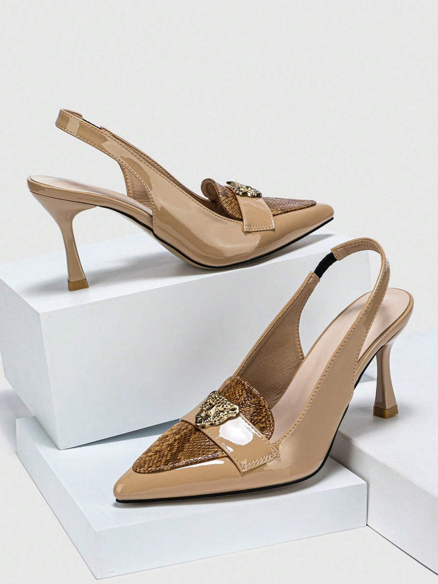 Snakeskin Embossed Metal Decor Point Toe Pyramid Heeled Slingback Pumps - Hues