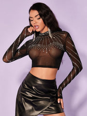 BAE Rhinestone Detail Sheer Mesh Crop Top Without Bra - Hues