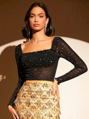 BAE Square Neck Star Sequin Detail Mesh Top - Hues