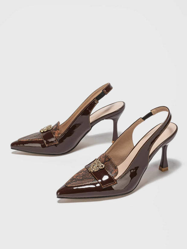 Snakeskin Embossed Metal Decor Point Toe Pyramid Heeled Slingback Pumps - Hues