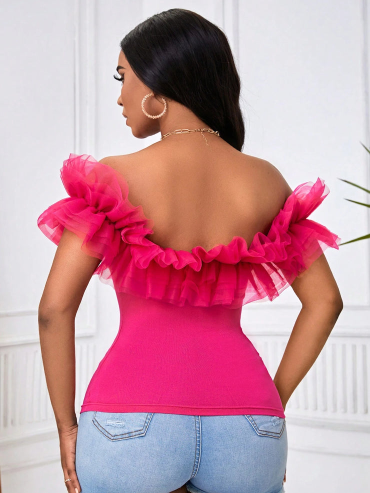BAE Exaggerate Layered Mesh Ruffle Trim Bardot Top - Hues