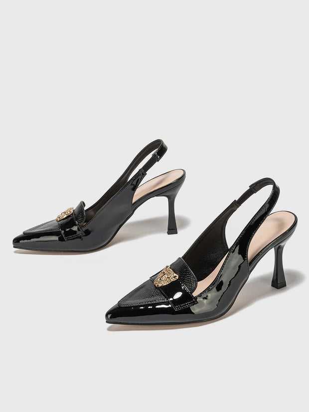 Snakeskin Embossed Metal Decor Point Toe Pyramid Heeled Slingback Pumps - Hues