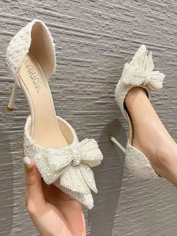 Women's Fashion Outdoor High Heels With Bowknot & Imitation Pearl Decoration - Hues